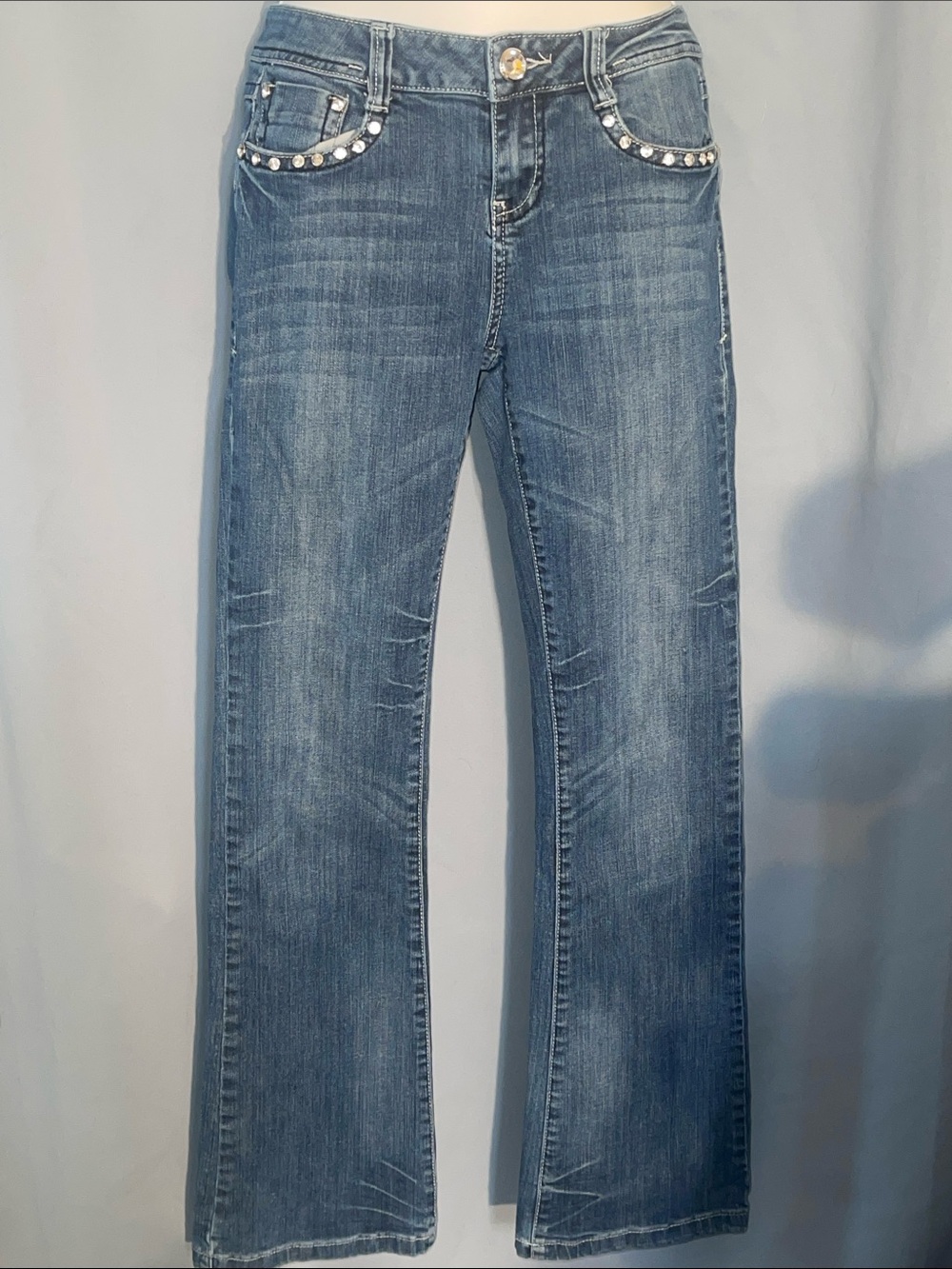 L.A. idol Blue Flare Jeans with Rhinestone Pocket Trim